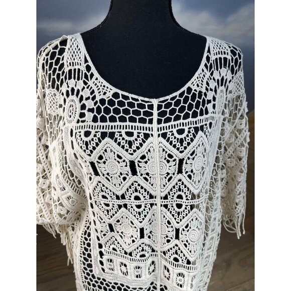 Rafaella Womens Sleeveless Top Size L Off White Crochet Cover Western Cottage - Picture 2 of 12